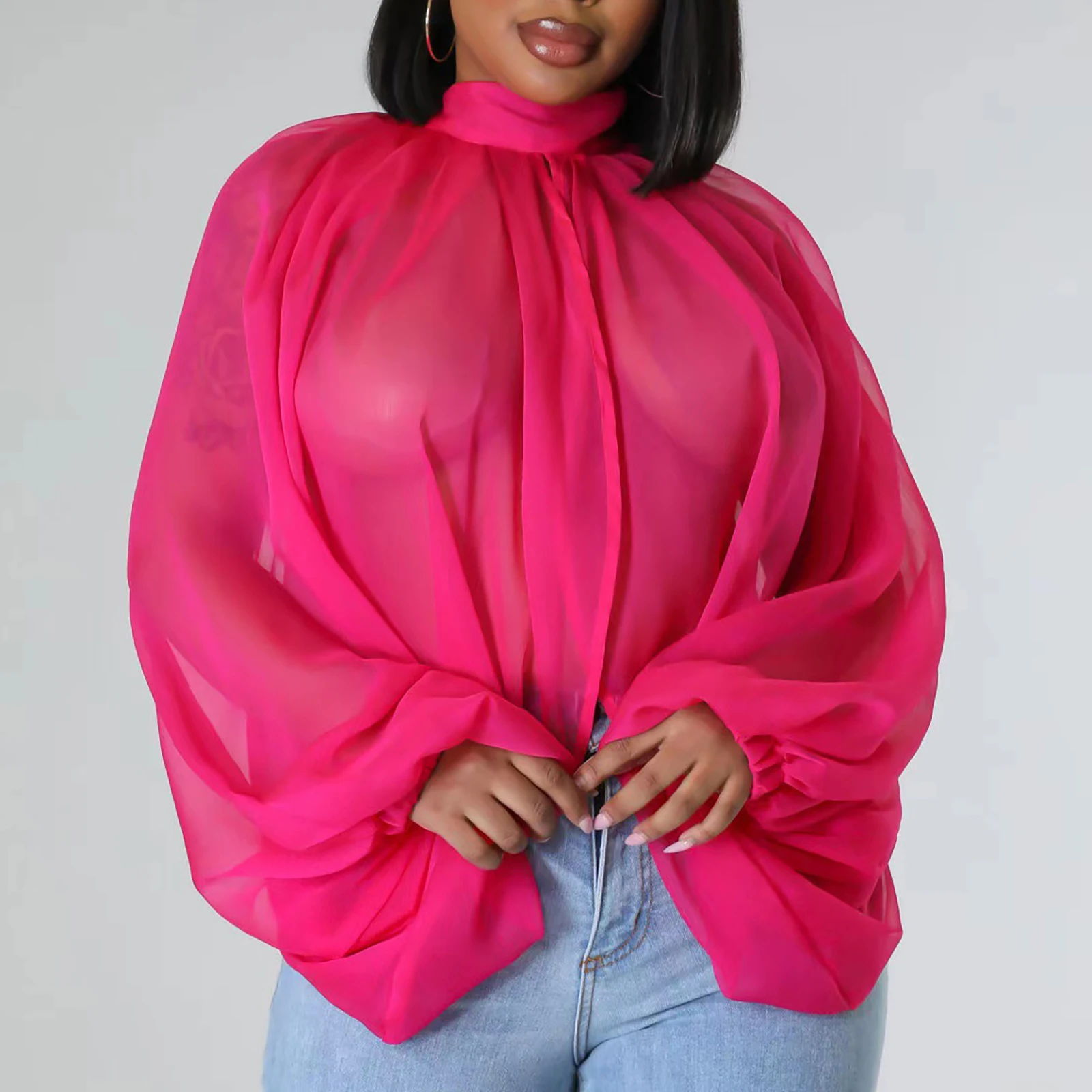 Womens Chiffon Sheer See Through Long Sleeve Mock Neck Tie Up Open Front And Back Loose Tops Cover Up Blouse Feshion Female Wear