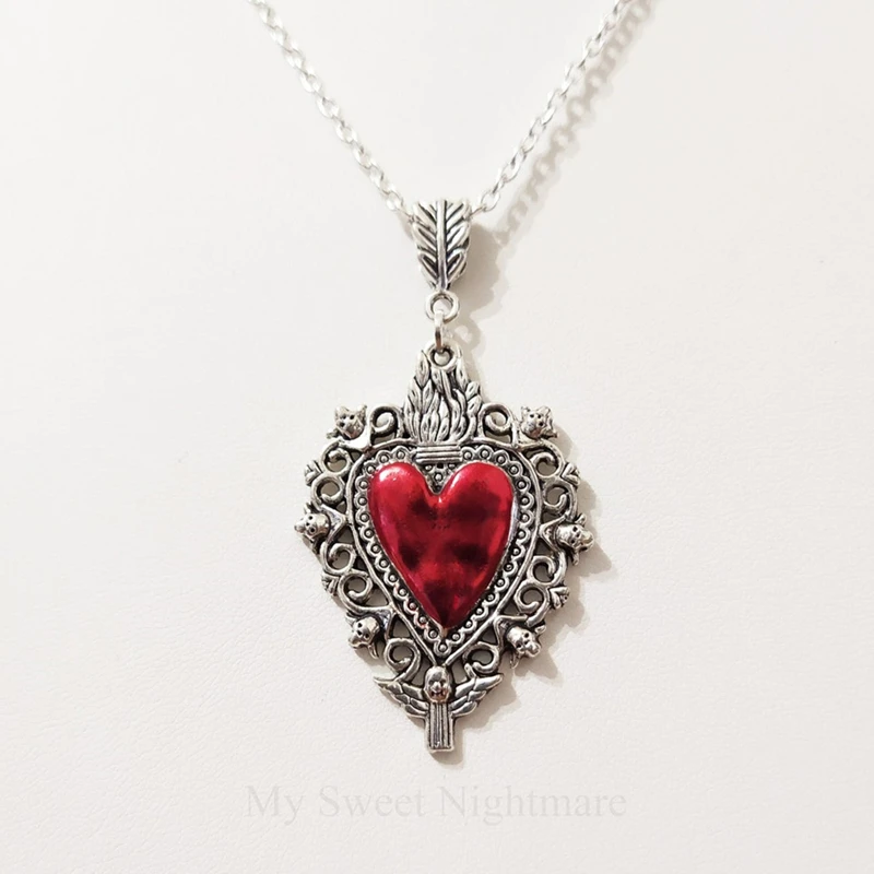 

Fashion Sacred Heart Necklace, Red Heart Pendant, Gothic Jewelry, Memento Mori, Burning Heart Necklace, Women's Glamour Jewelry