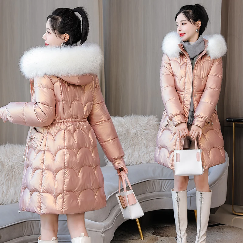 2022 New Glossy Down Cotton Jacket Women Winter Loose mid-length Hooded Warm Thicken Outwear Casual Female Parkas Overcoat