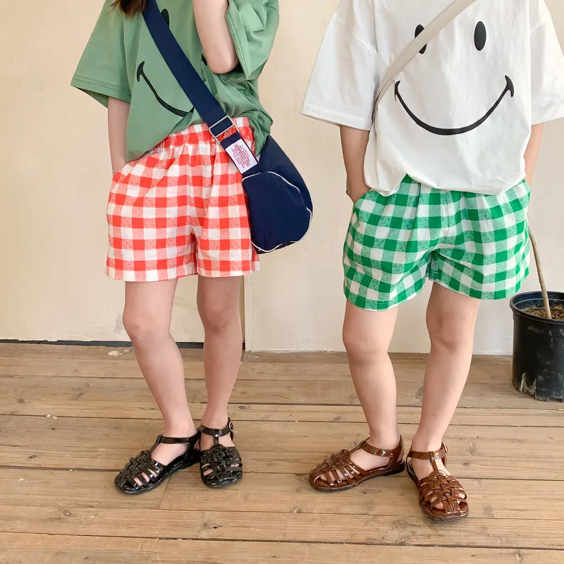 

2245B Children's Pants Summer 2022 New Korean Boys and Girls Plaid Shorts Children Thin Joker Slim Hot Pants Shorts