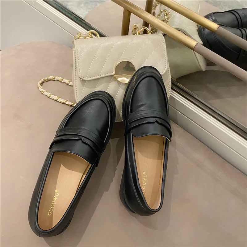 

Round Toe Shoes Woman Flats Casual Female Sneakers Modis British Style Oxfords Dress New 2022 Preppy Leather Rubber PU Basic Fre