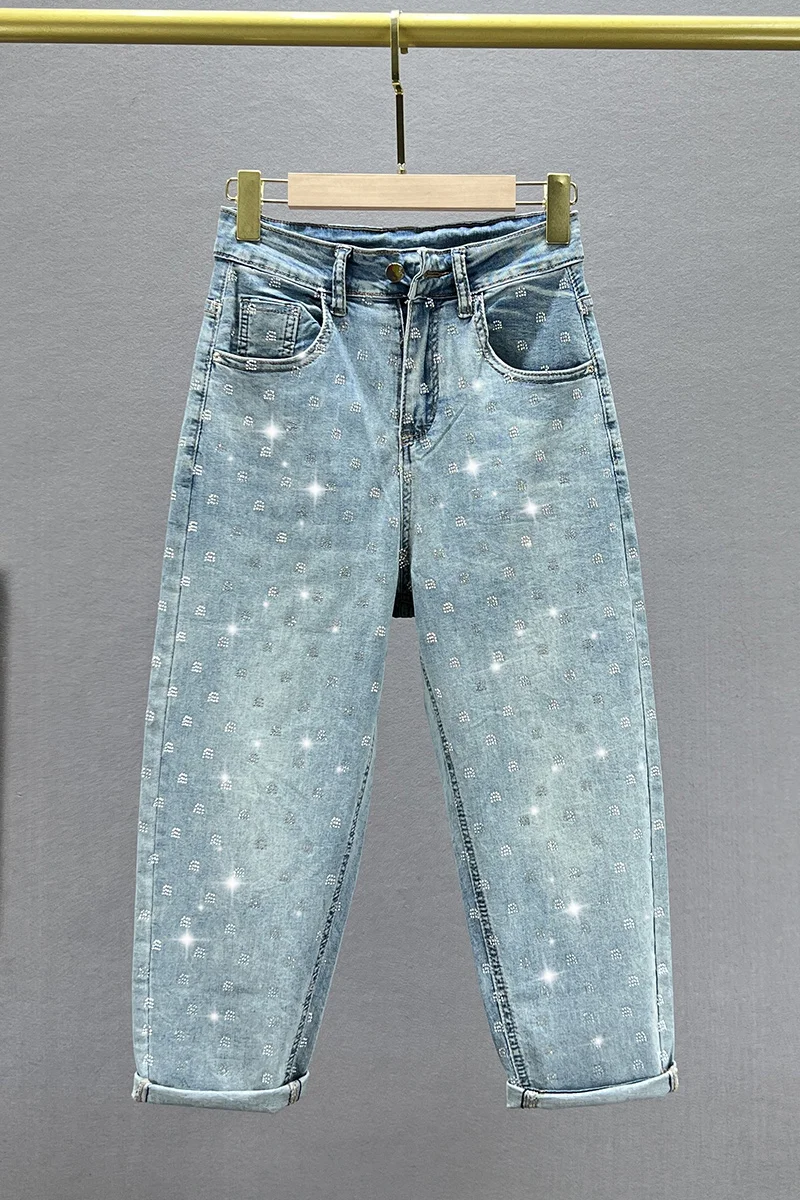 Cropped Jeans Women's Thin 2023 New Summer High Waist Loose And Slimming European Station Hot Rhinestone Short Harem Baggy Pants
