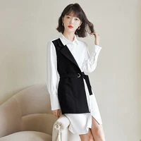 2022 spring new style women two false shirt dress long sleeve fashion black white patchwork with sashes dresses