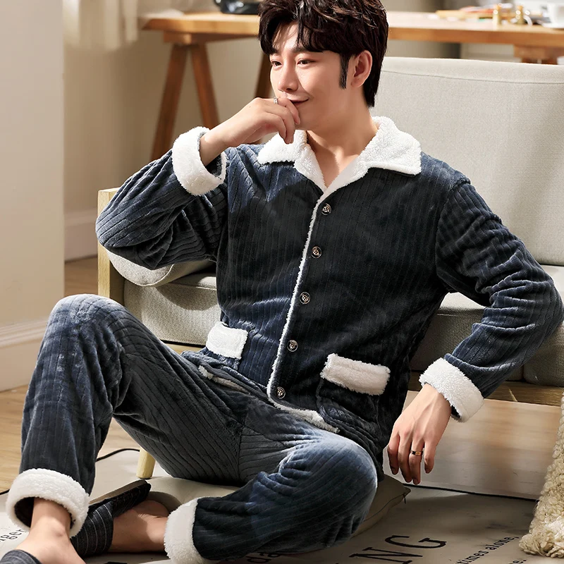 

Newest Men's Winter Thicken Warm Flannel Pajamas Sets Male Long Sleeve Plus Size Pajamas Sleepwear Homewear Casual Pyjama Pijama