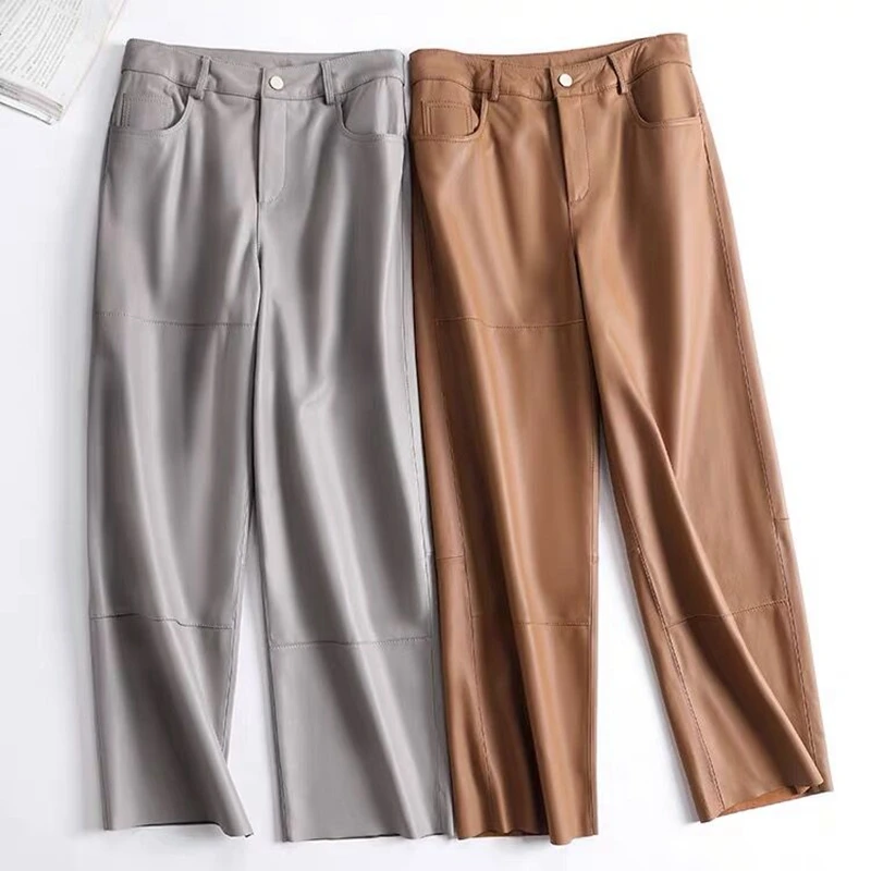 Women Pants 100% Natural Genuine Sheep Leather Real Sheep Leather Ankle-Length Pants Trousers high-quality H401