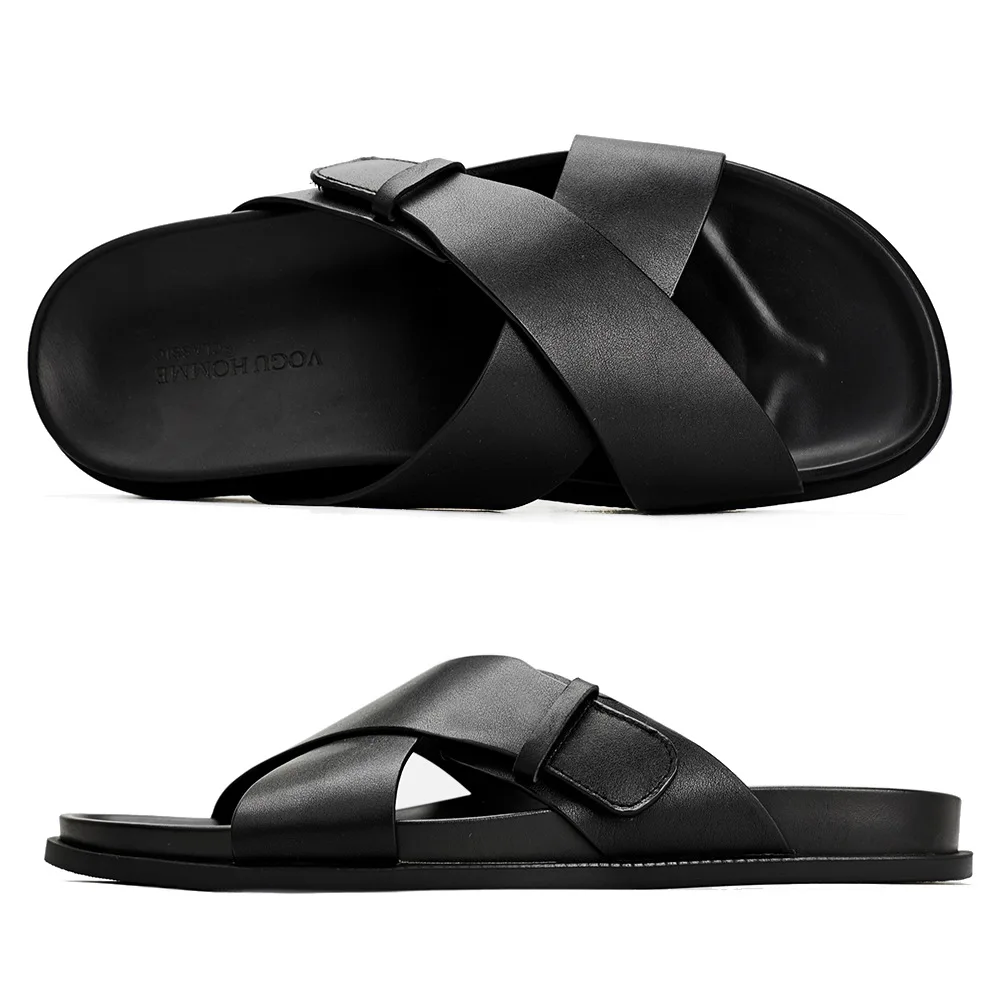 Casual Slippers High Quality Genuine Leather Shoes Men Summer Mens Flip Flops - Fashion Leather Slip-On Sandals Cowhide Outside