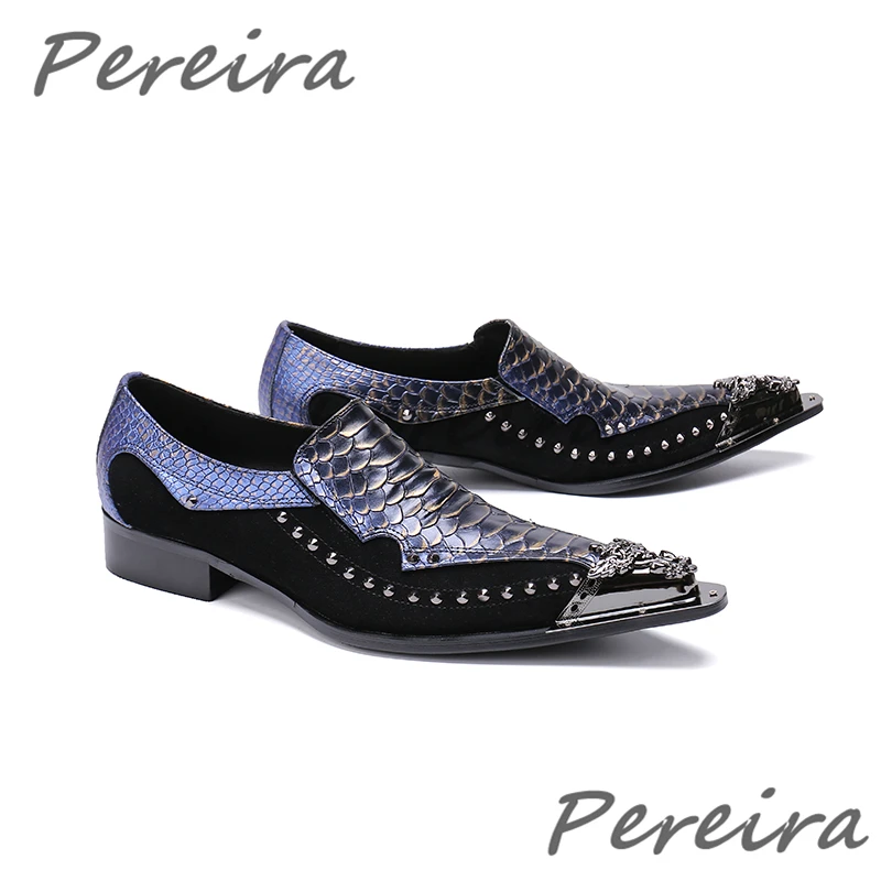 Iron Pointed Men's Shoes Fashion Rivets Snake Pattern Cow Leather Business Dress Handmade Patchwork Party Wedding