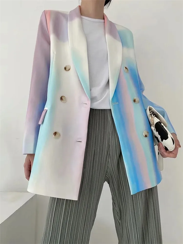 Women 2023 Fashion Tie-dye Print Double Breasted Za Long Sleeve Blazer Coat Vintage Pockets Female Outerwear Chic Tops Jacket