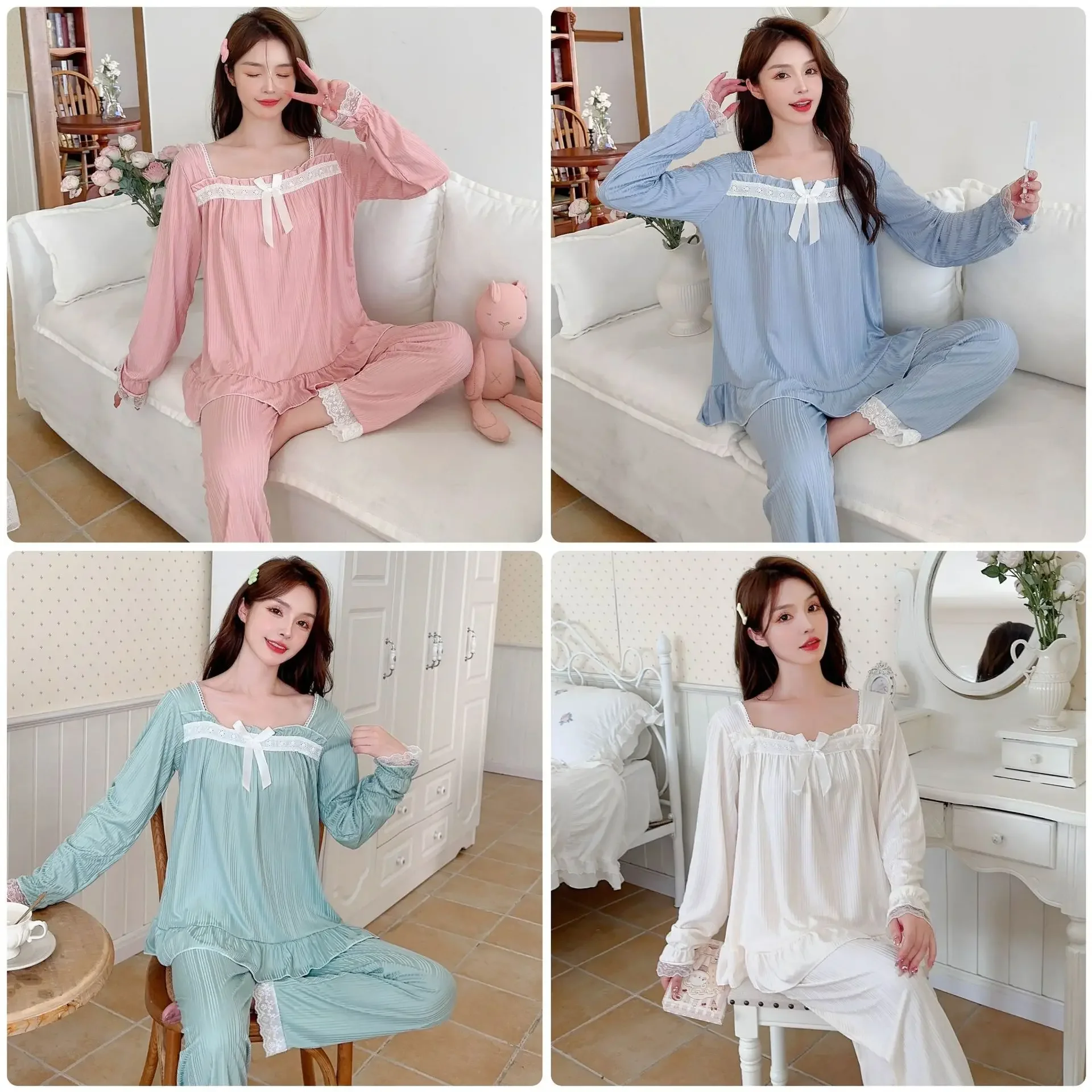 Весенне-осенняя женская ночная рубашка однотонные брюки в рубчик с длинными