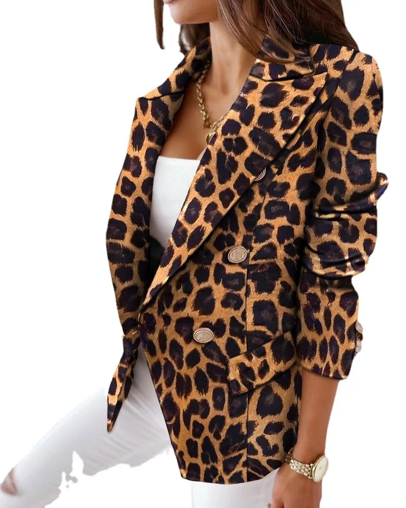 Women Blazer 2023 Autumn/Winter New Long Sleeve Leopard Pattern Jacket Women Double Breasted Print Casual Coat for Women