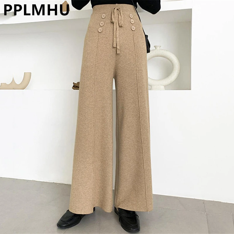 

Button Lace Up Knitted Wide Leg Pants For Women Winter Casual Baggy Pantalones Korean High Waist Knitwear Ankle-length Trousers