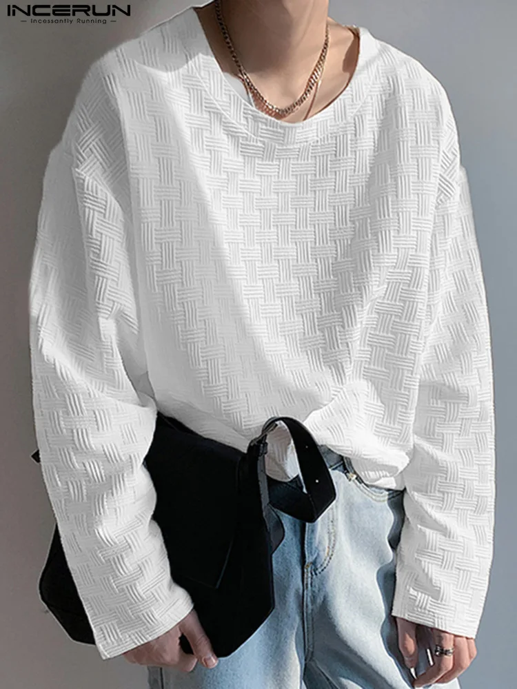 

INCERUN Tops 2022 Fashion Casual Style New Men's Solid Camiseta Woven Pattern Long-sleeved Tees Hot Sale Bottoming T-Shirt S-5XL