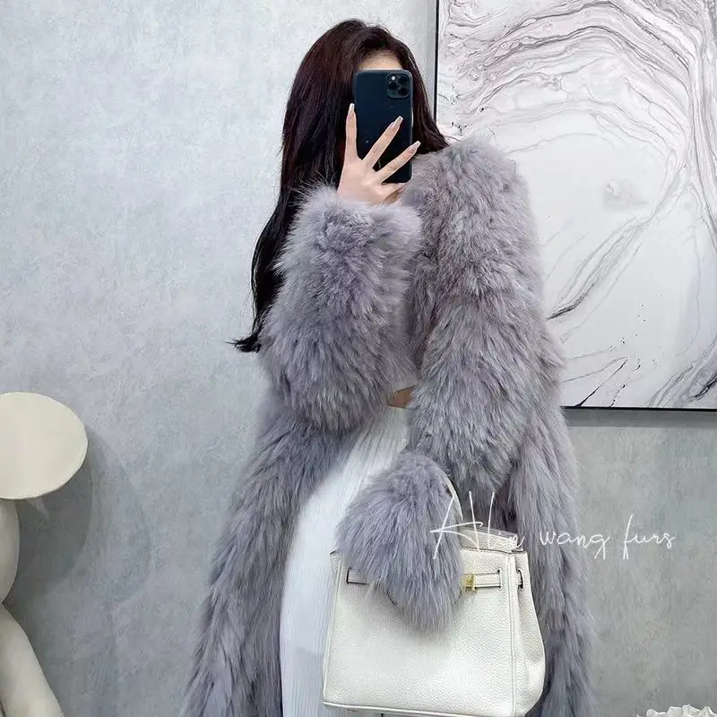 2022 Autumn And Winter New Fashion Temperament Outer Loose V-neck Knitted Mid-length Faux Fur Coat Women