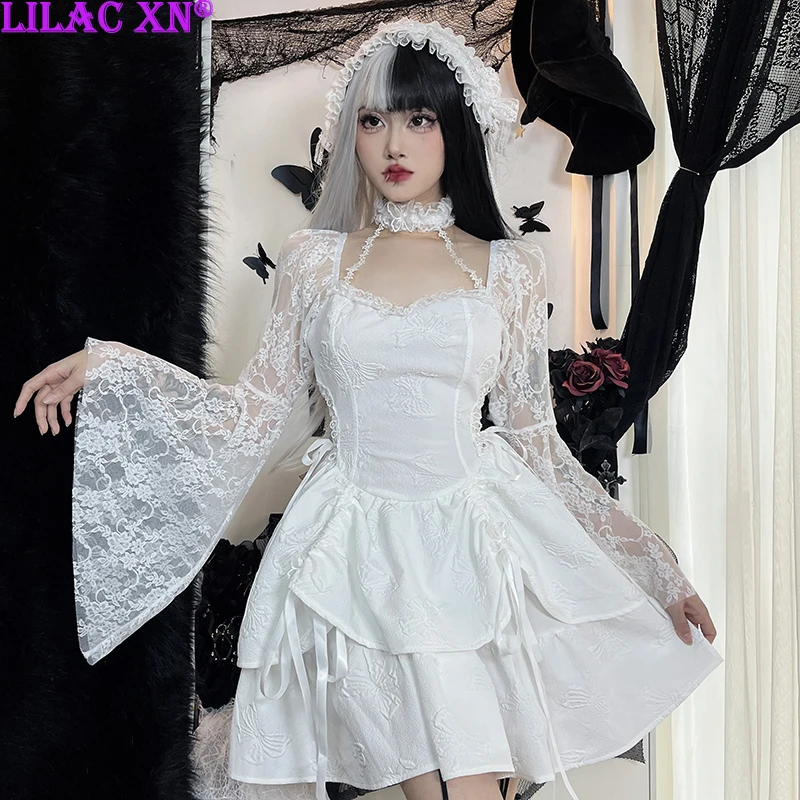 

Женское вечернее платье Goth с лямкой на шее, расклешенное платье с длинным рукавом, сексуальное Белое черное кружевное мини-платье с оборкам...