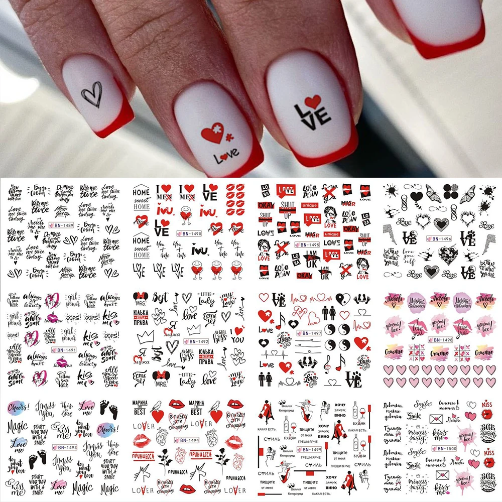 

12Pcs Valentines Nail Stickers Set Heart Love Design Sliders For Nails Abstract Face English Letter Nail Water Sticker Decals