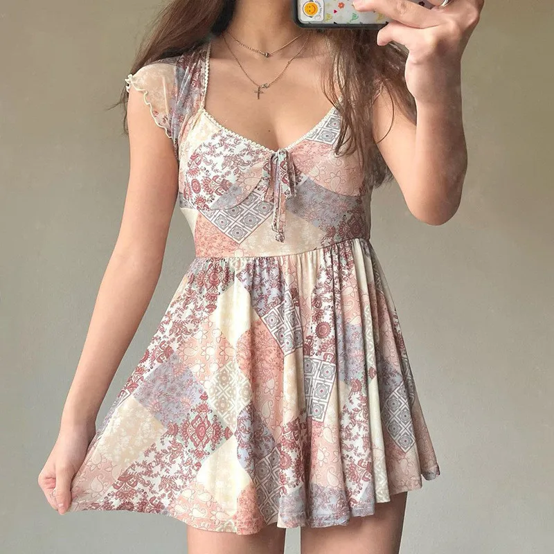 

Women Summer Short Dress Vintage Y2K Printing Patchwork V-Neck Quarter-Sleeve A-Line Dresses for Ladies