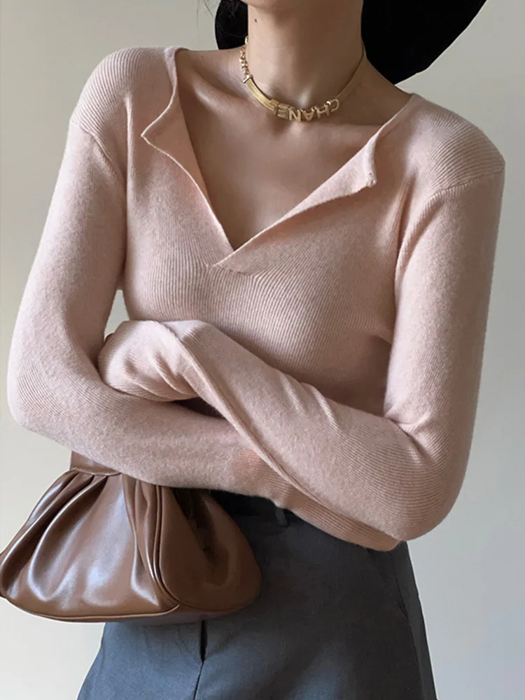 Осенне-зимний французский флисовый вязаный свитер с v-образным вырезом женский