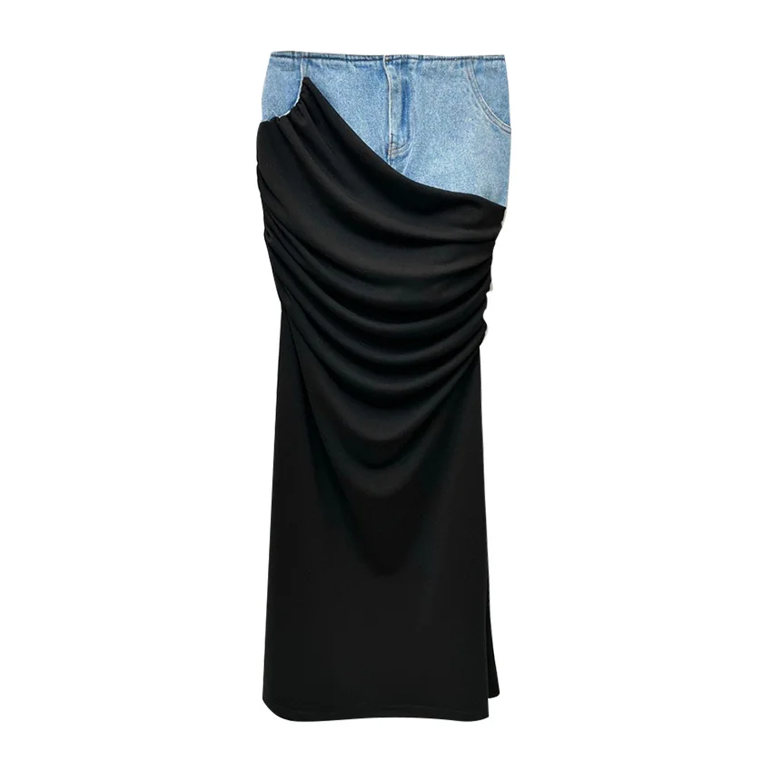 

Deconstructed High Waist Skirt Women's 2023 Spring New Black Pleated Panel Design Long Denim Skirt