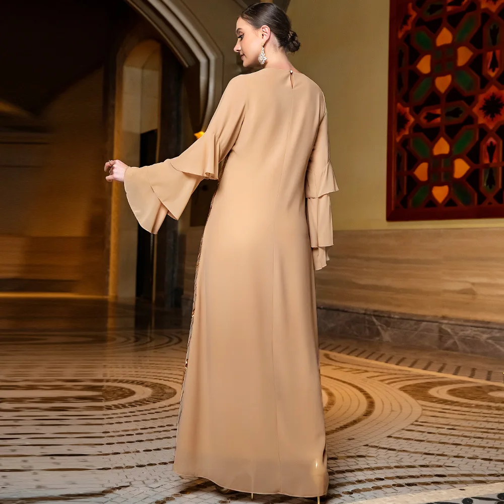 Women's Chiffon Gold Multi-Layer Frill Sleeve Positioning Spangled Embroidered Dress Turkish Indian Abaya Arab Party Dress