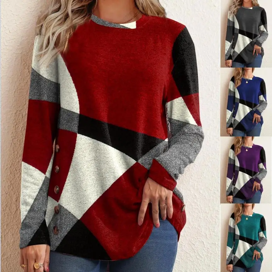 

2022 Button Women Print Shirts Vintage Spring Tee Autumn Blouse Top Casual Full Long Sleeve Pullover S-5XL