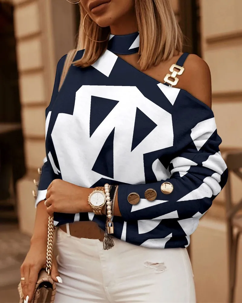 

Women Spring Elegant Office Long Sleeve Fashion Vintage Oversize Shirts Top Autumn Sexy Off Shoulder Printed T Shirt Blouse 2023