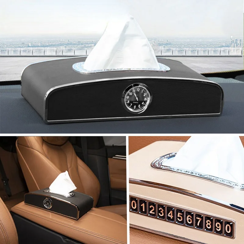 

Luxury Tissue Box for Car Napkin Holder Automatic Storage Case Scarf Boxes with Clock and Temporary Parking Card Car Accessori