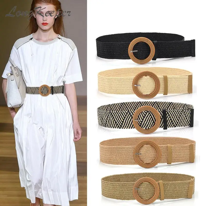 Fashion New Round Buckle Belt for Dress Wide Belt Straw Braided Waist Belt Skirt Vintage Belts for Women Waistband Longkeeper