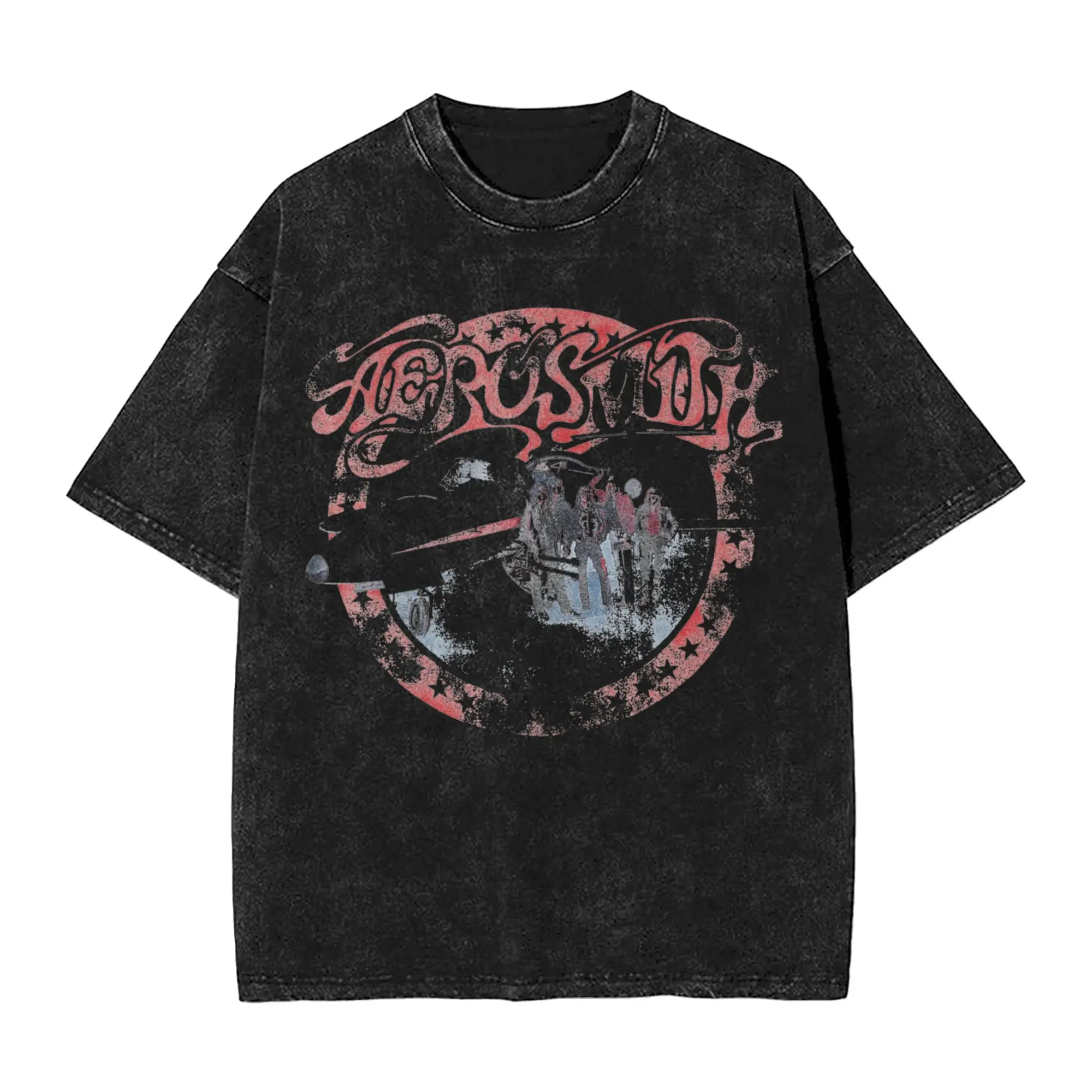 Фото Футболка Harajuku Washed Shirts Aerosmith AEROplane в стиле рок-группы, винтажная, оверсайз, уличная одежда, с коротким рукавом, летняя №1