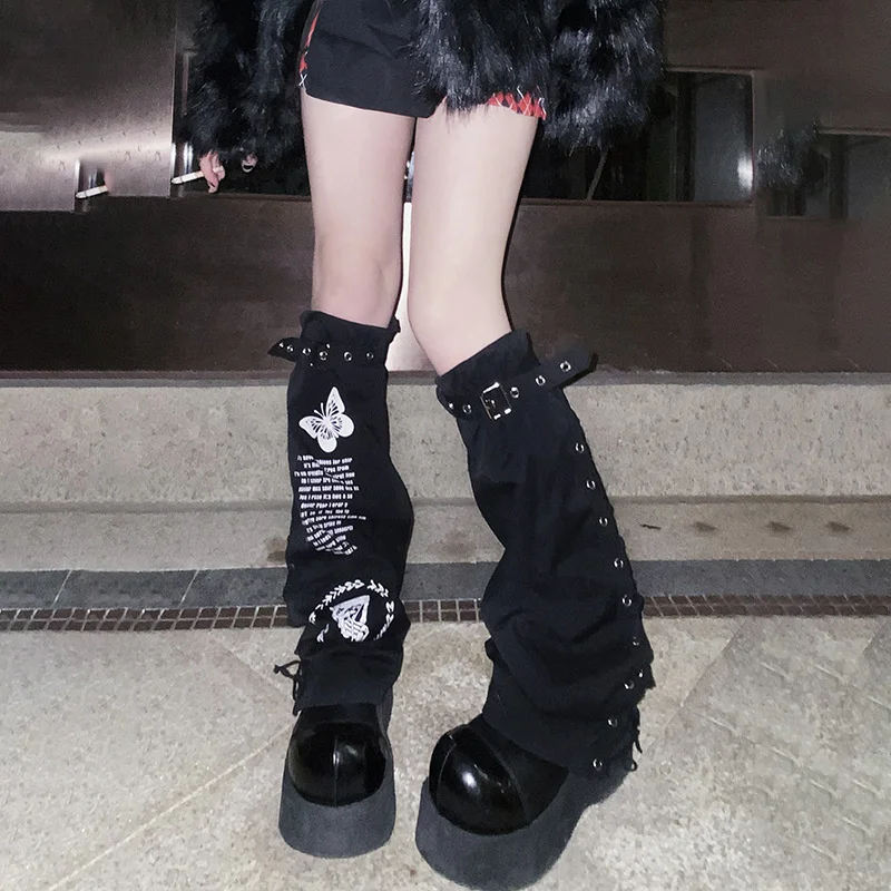 2022 Fashion Women Goth Long Sock Gothic Style One Side Buckle Printing Patchwork Slim Gothic Style Ladies Long Socks For Autumn