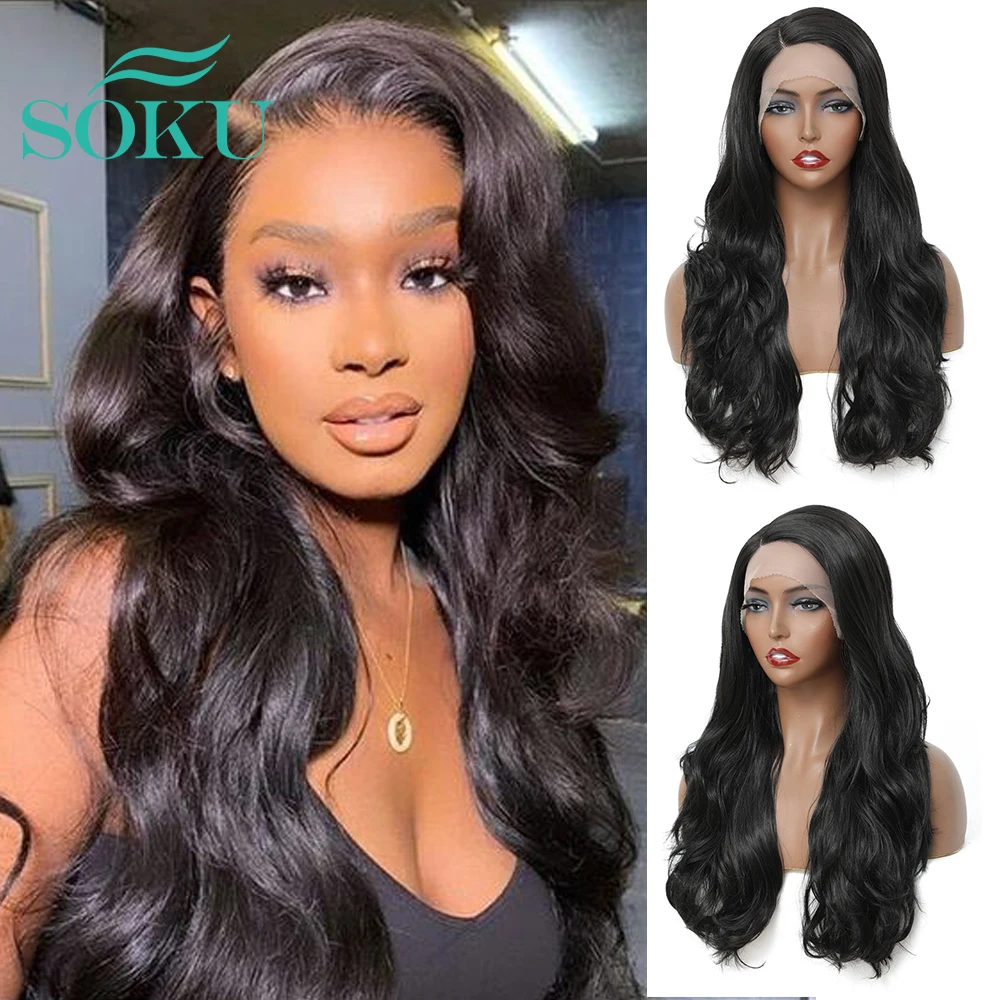 

SOKU Synthetic Lace Front Wigs Long Wavy Side Part Wig With Baby Hair High Temperature Fiber Daily Lace Wig For Black Women