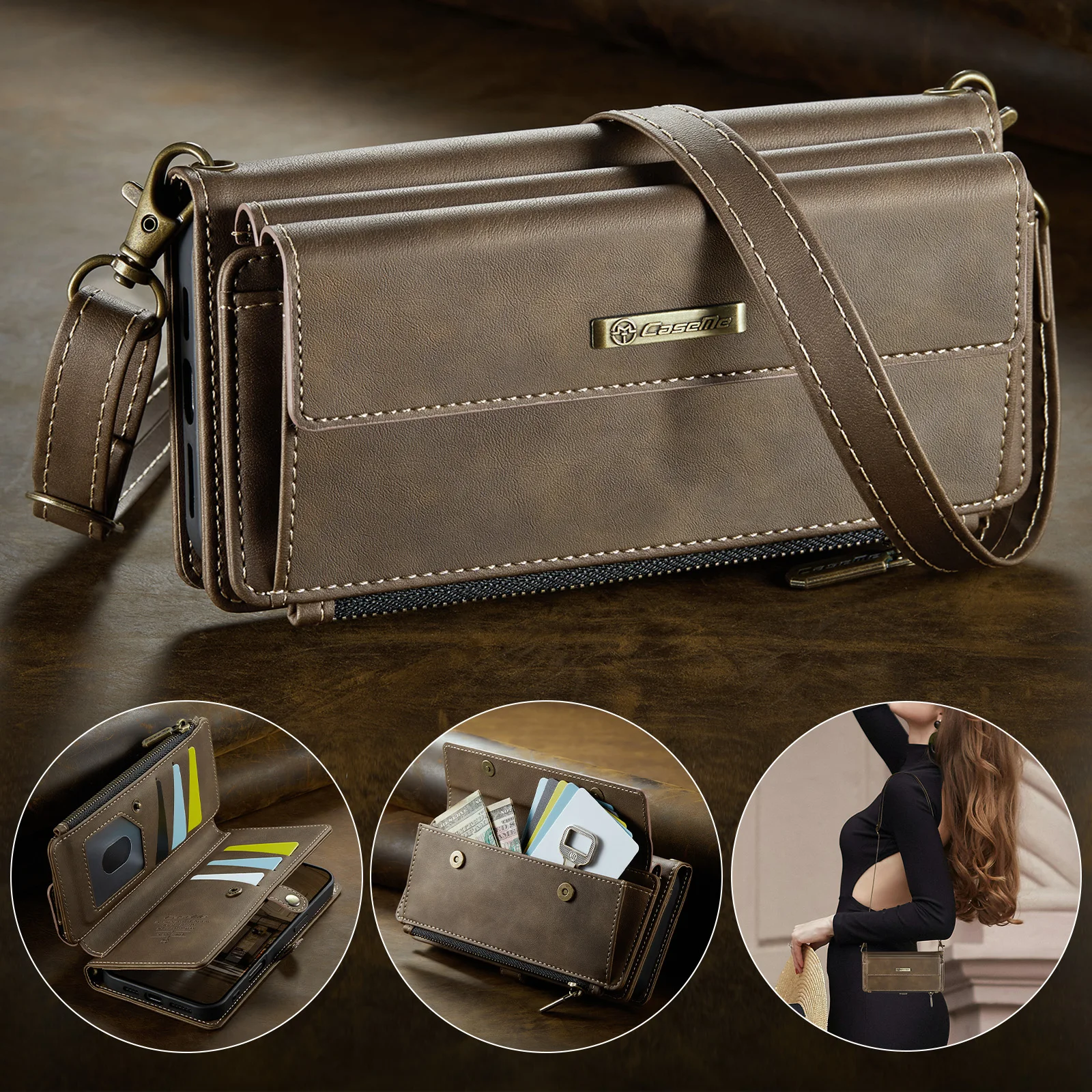 Фото Кожаный чехол Business Magnetic Card Solt Wallet для iPhone 17 Pro Max 16 Plus 15 14 13 12 11 Откидная длинная сумка на ремешке для книги №3