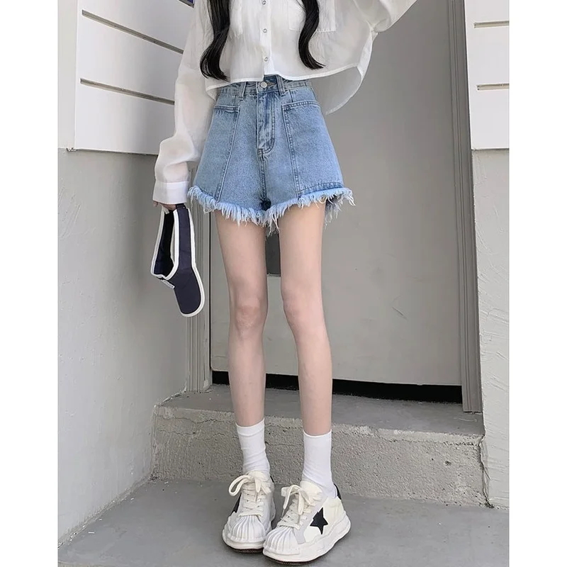 

Raw Edge High Waist Denim Shorts Women Summer Thin Design Loose Straight Shorts Casual A Line Wide Legs Jean Short Korean Style