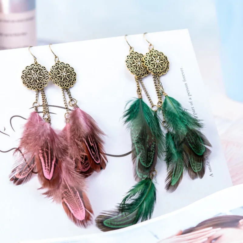 Feather Earrings Women Bohemian Dream Catcher Design Exaggerated Vintage Long Fringe Tassel Dangle Earrings