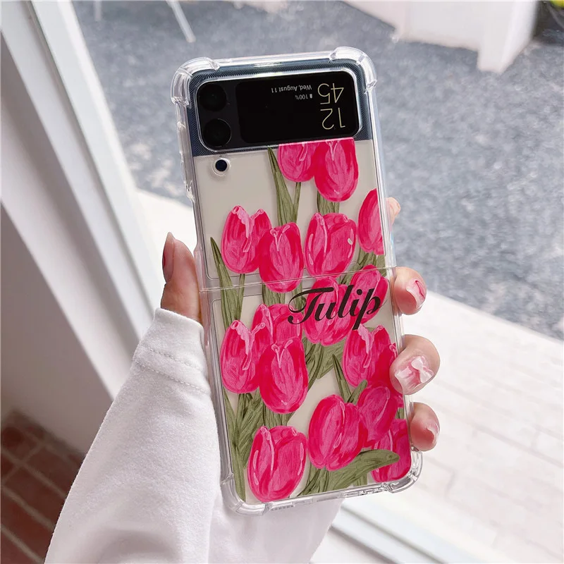 

Romantic Rose Red Tulip Phone Case for Samsung Galaxy Z Flip 4 3 Hard Cover for ZFlip3 Zflip4 Solid Shell Bracket