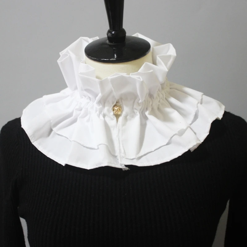 

Vintage Detachable Double Layer Ruffled False Collar for Women Victorian Renaissance Button High Neck Ruff Party Costume