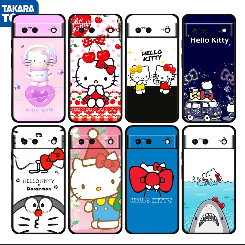 

Cartoon Hello Kitty Cute Shockproof Cover for Google Pixel 7 6 Pro 6a 5 5a 4 4a XL 5G Black Phone Case Shell Soft Fundas Cover