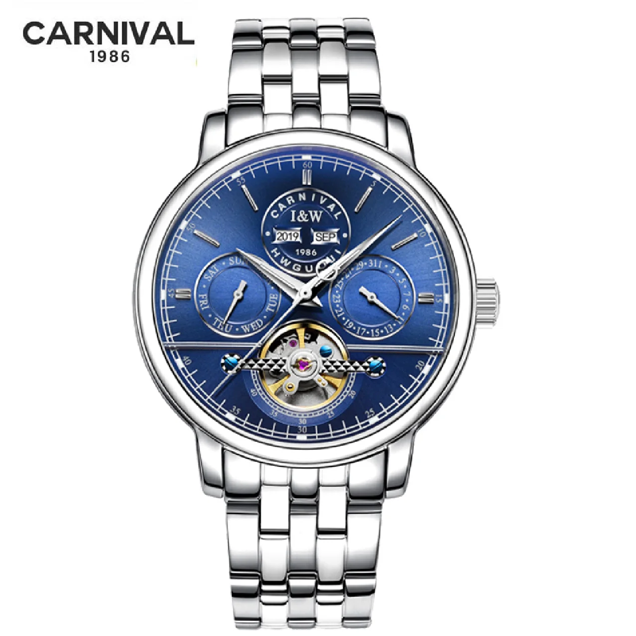 

CARNIVAL Perpetual Calendar Mens Sport Watches Automatic Watch Steel Waterproof Tourbillon Watch with Date Day reloj