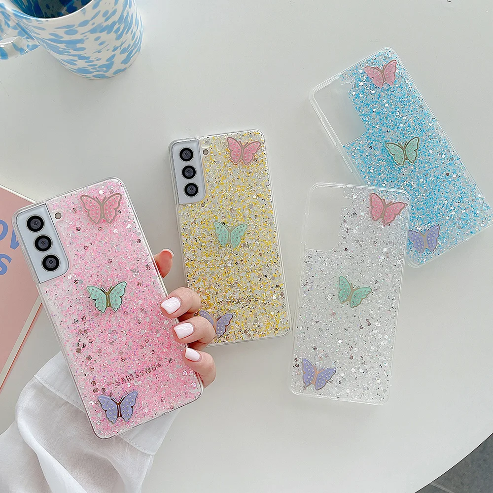 

Bling Sequins Phone Case For Samsung S22 Ultra Note20 S21 Plus S20 FE 3D Butterfly Back Cover A51 A71 A22 4G A32 5G A52 A72 Capa