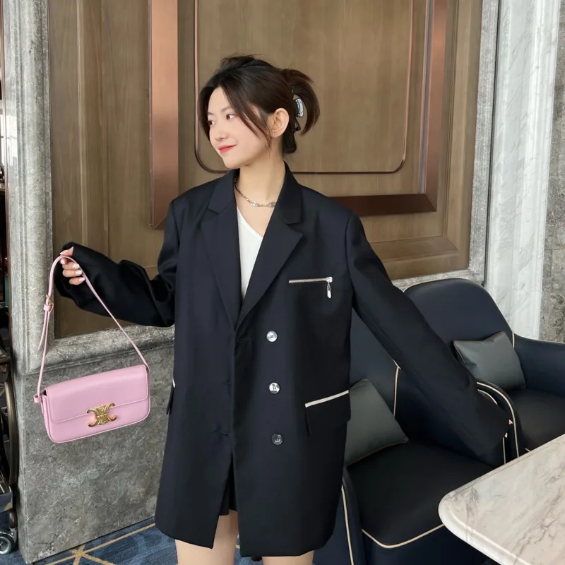 Spring Autumn Women's Blazers Solid Black Single Breasted Zipper Long Sleeve Loose Mujer Suit Coat Ladies Jacket Tops Manteaux