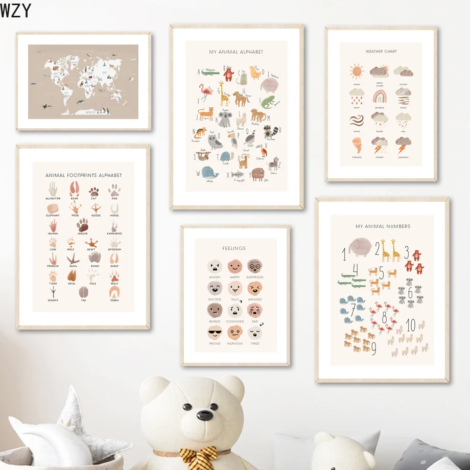 

Animal World Map Cartoon Alphabet Number Weather Chart Art Canvas Nordic Posters Painting Prints Wall Pictures Kids Room Decor