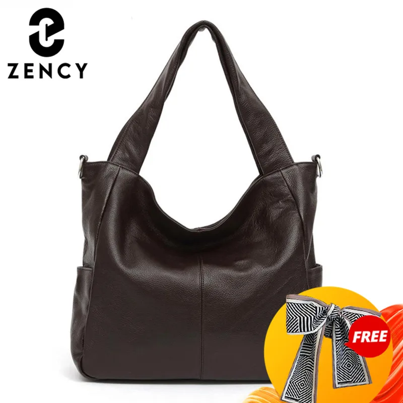 Zency 100% Natural Leather Elegant Women Shoulder Bag Classic Black Tote Hobos Daily Casual Shopping Bag Lady Crossbody Coffee