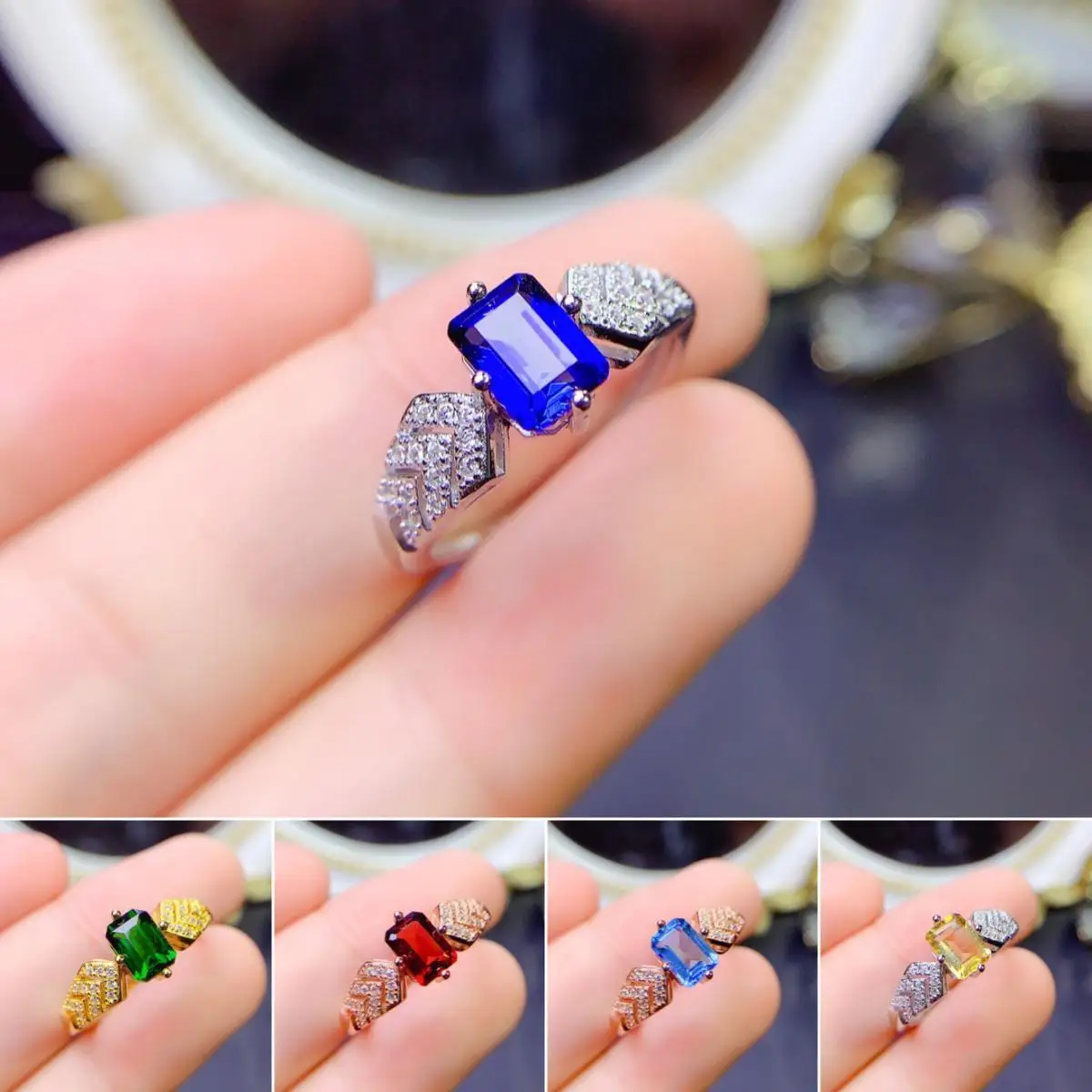

FS S925 Sterling Silver Inlay 5*7 Natural Sapphire/Citrine/Topaz Ring With Certificate Fine Weddings Jewelry for Women MeiBaPJ