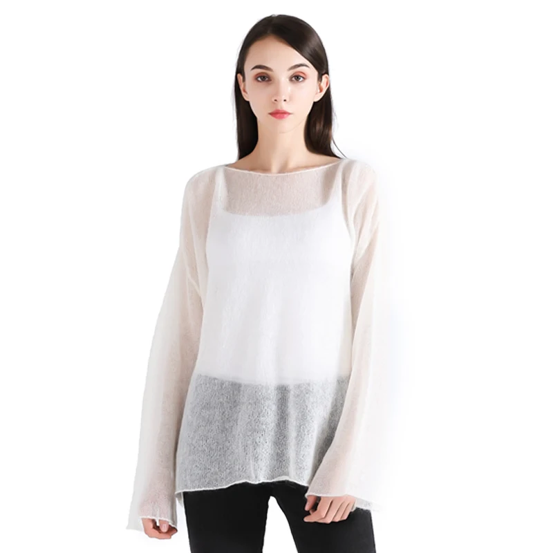 BAHTLEE Spring autumn women's mohair wool knitted pullovers sweater slash neck flare sleeve thin looser and comfortable