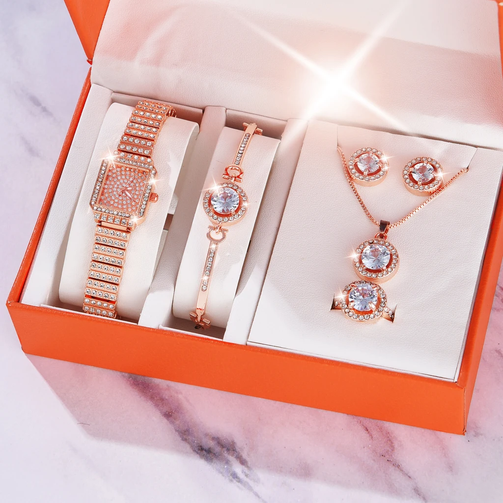 

6PCS Gold Luxus Strass Uhren Set Frauen Kristall Quarz Armband Uhren Damen Kleid Neue Armbanduhr Uhr Relogios 2022