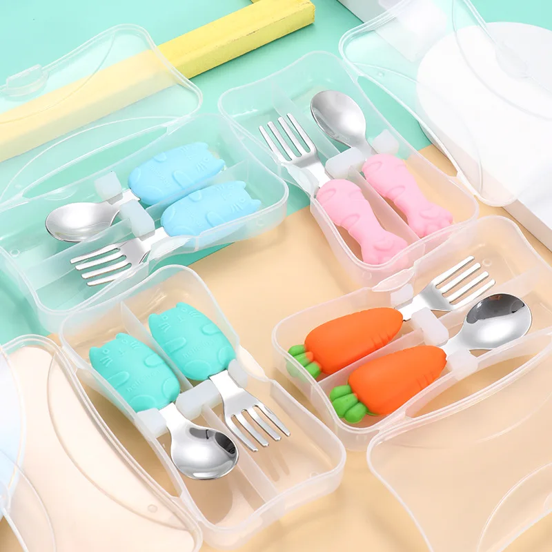 

Infant Feeding Spoon Fork Children's Spoon Fork Set Cartoon Cat Claw Shape Baby Silicone Short Handle Tableware Stainless Steel
