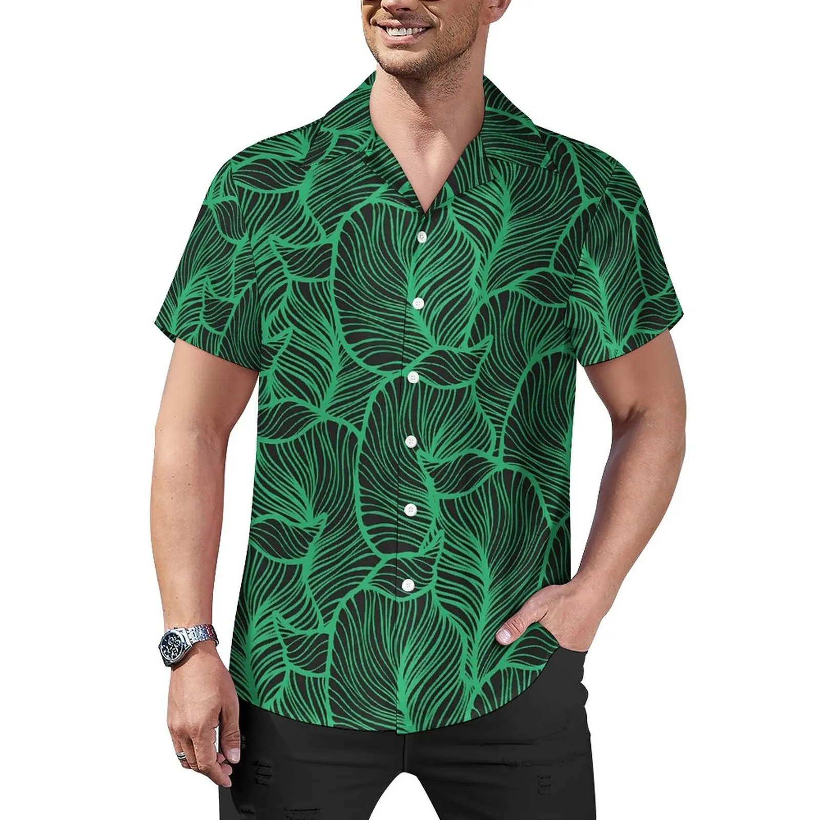 

Свободная рубашка с тропическим принтом, мужские повседневные рубашки с зелеными листьями, гавайская графика, с коротким рукавом, новинка, блузки оверсайз