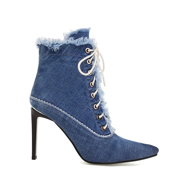 fashion punk retro street denim ankle boots for women European pop sexy pumps pointed toe zipper riding boots lace-up high heels