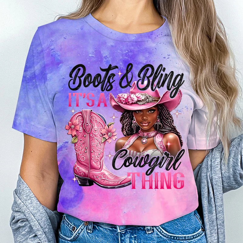 Фото Ретро-сапоги и Bling its a Cowgirl Thing Графическая футболка Модные повседневные футболки с короткими рукавами Футболки с принтом тай-дай Женская одежда №3