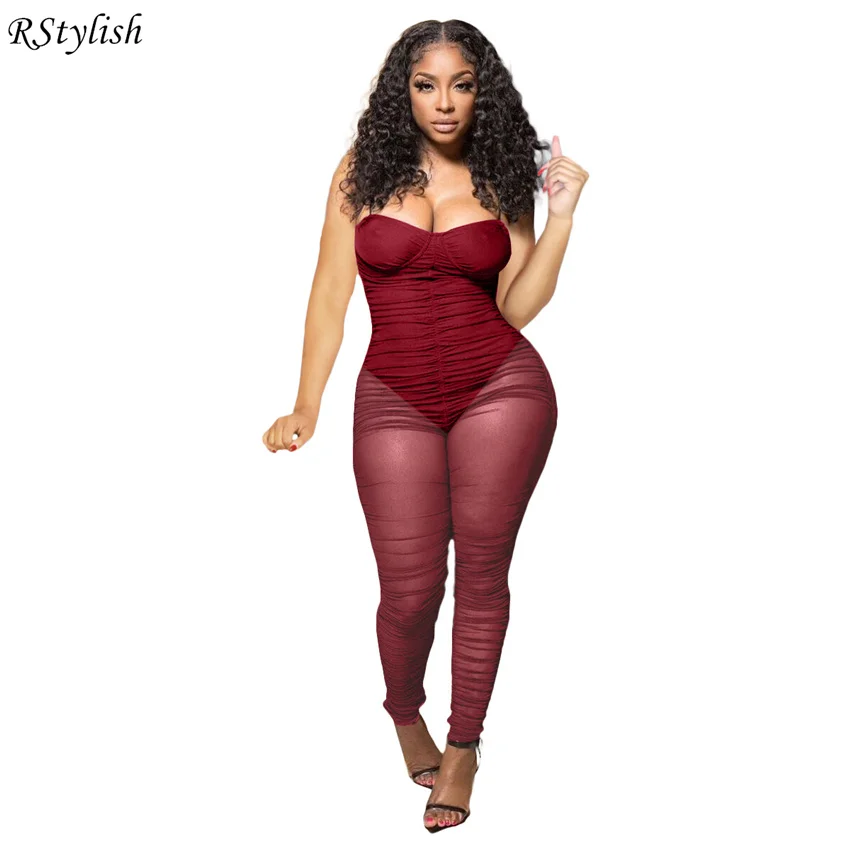 

RStylish Sexy Mesh Sheer Bodycon Jumpsuit Women 2022 Summer Outfits Ruched Spaghetti Strap One Piece Rompers Night Clubwear