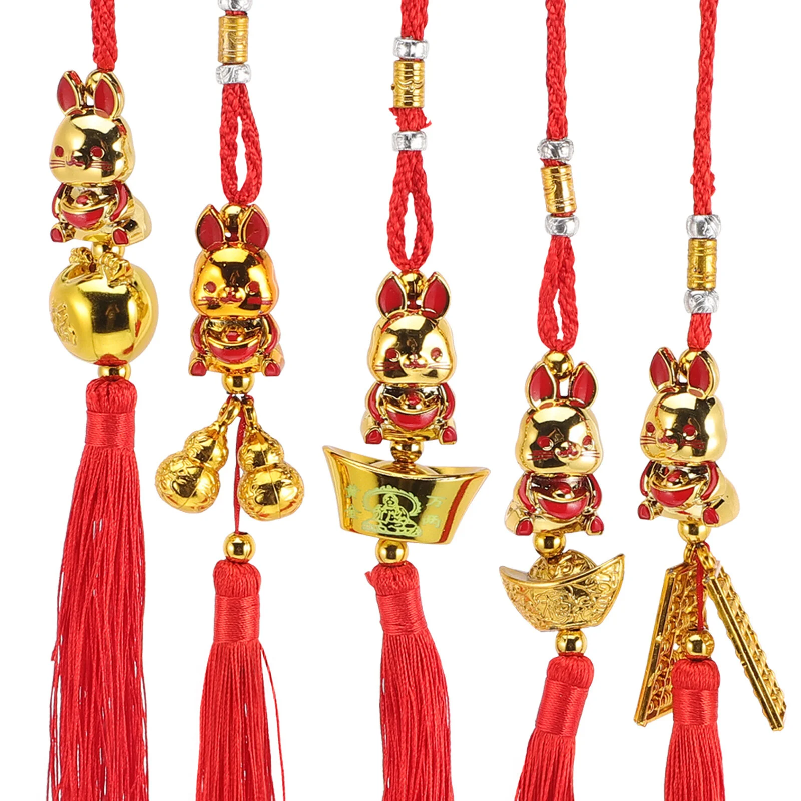 

5 Pcs Chinese Year Gift Car Hanging Decors Spring Festival Gold Tasselations Rabbit Pendant Polyester Tassel Mirror